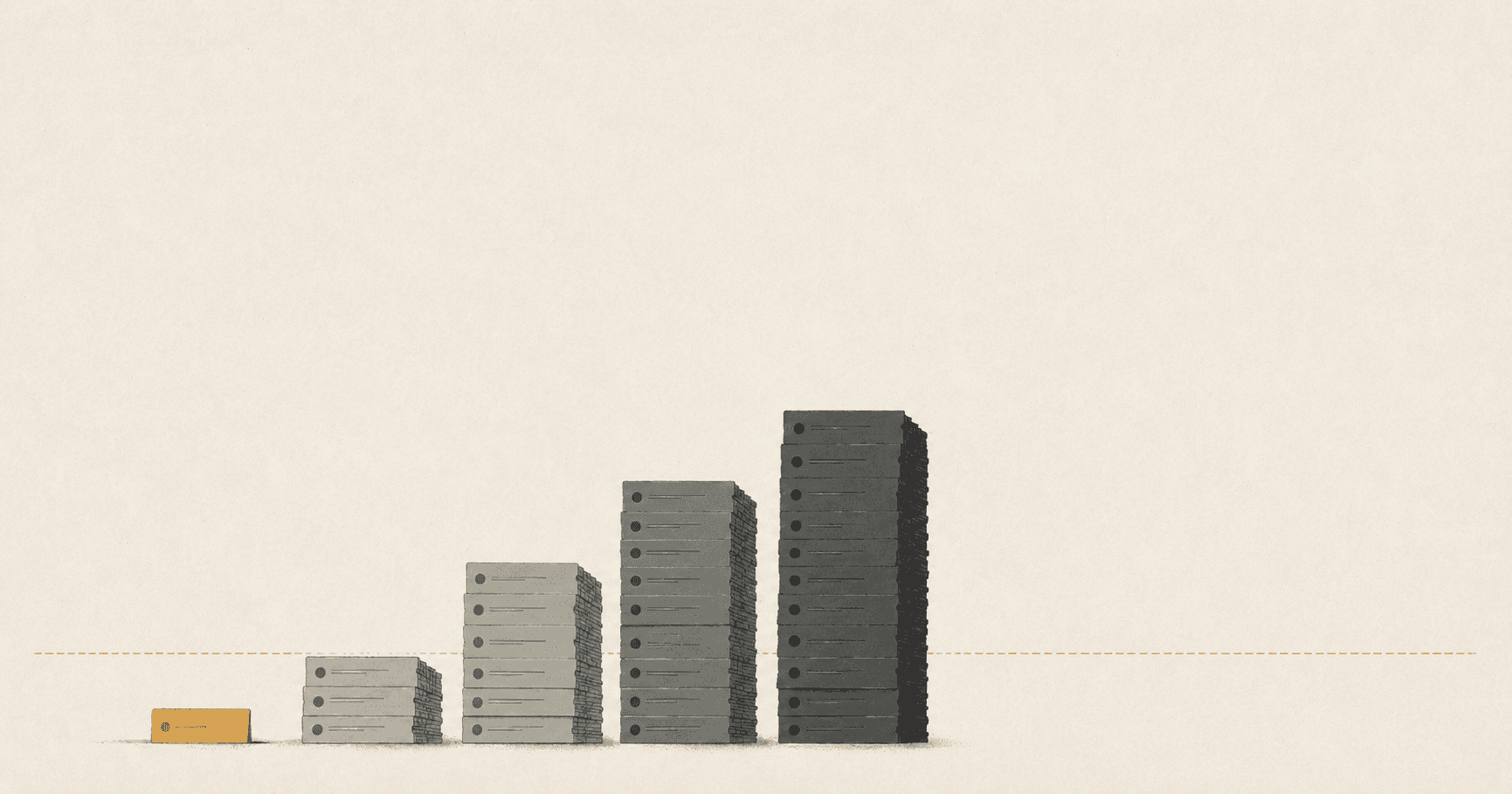 Editorial illustration on a warm off-white background: five stacks of rectangular job-listing cards arranged left to right as an uneven staircase. The leftmost stack is a single small amber card sitting alone on the floor. The next four stacks are dark charcoal, each taller and wider than the last. A dashed amber line cuts horizontally across the image at the height of the lone entry-level card, marking the level the upper stacks tower over.