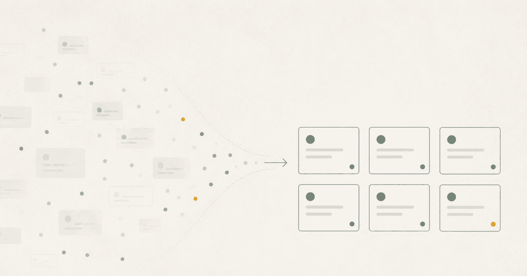 Editorial illustration: a noisy field of ghosted, faded job listing cards on the left funnels through a constriction point into a clean grid of structured cards on the right.