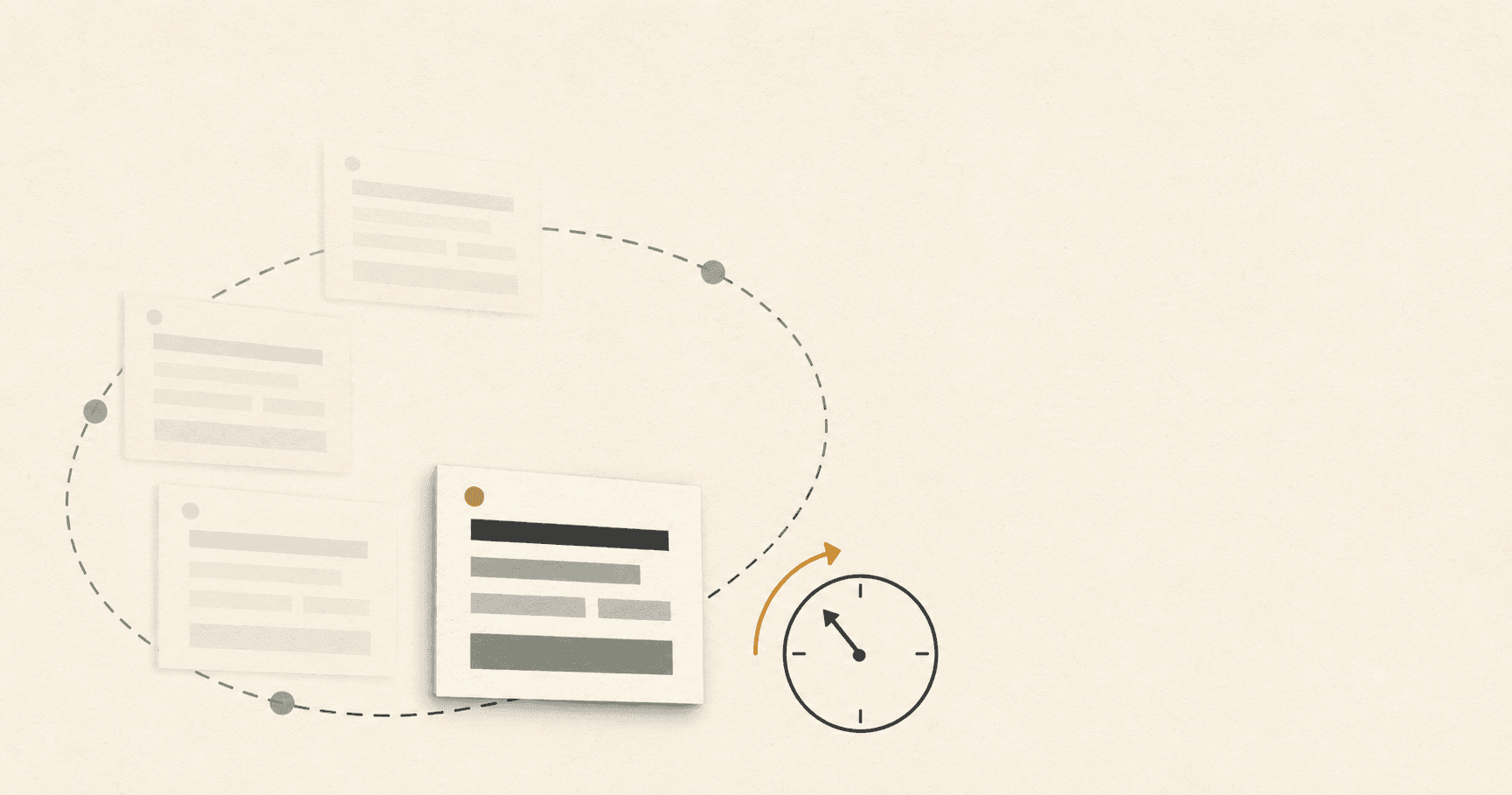 A job-listing card on a dashed elliptical loop with three faded ghost copies trailing behind it, next to a clock whose hand is being wound backward by an amber arrow.