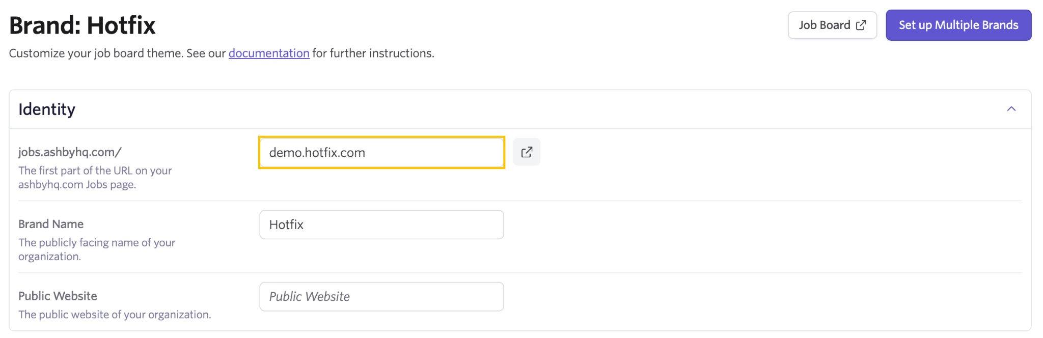Ashby job board theme settings with the job board slug highlighted