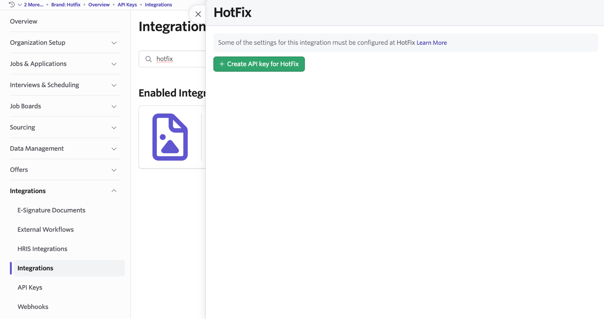 Ashby Integrations panel showing the Create API key for Hotfix button