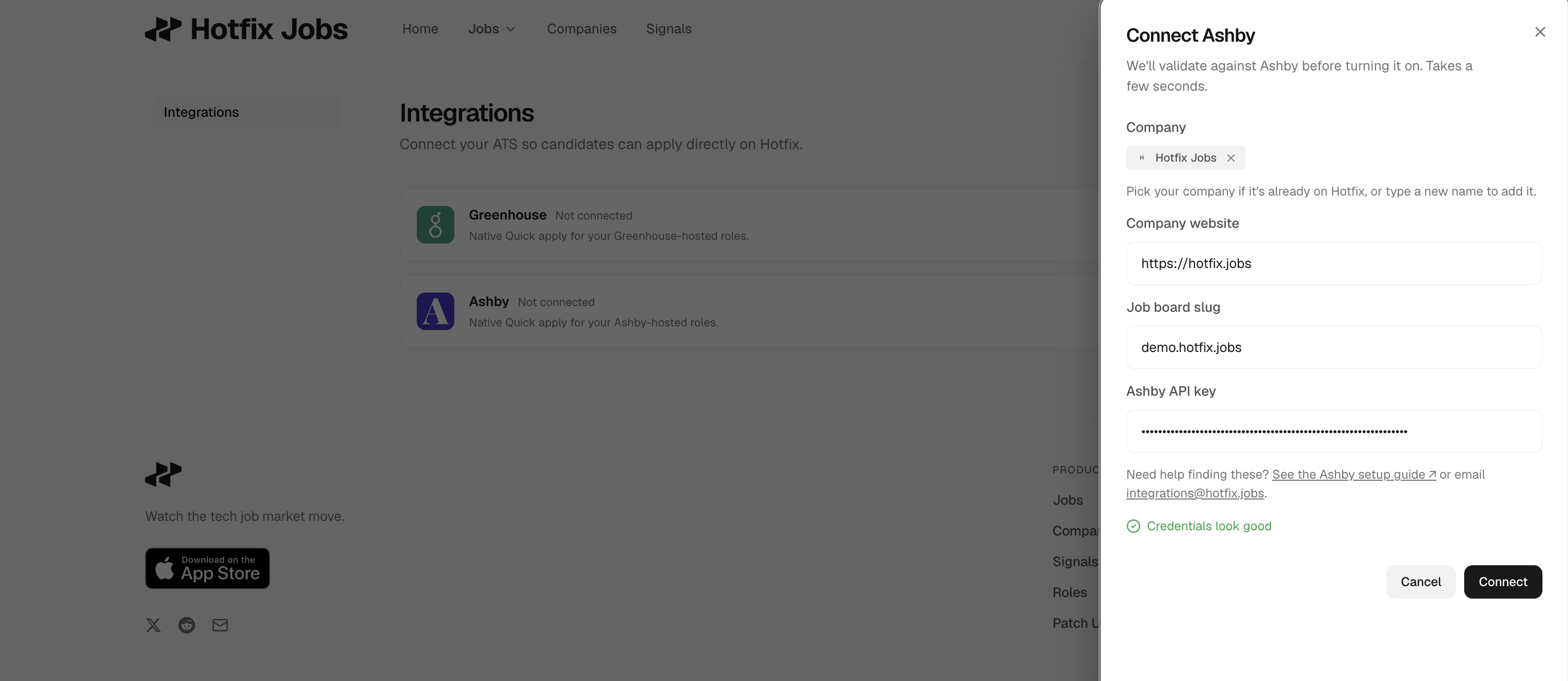 Hotfix Connect Ashby panel with company picker, company website, job board slug, API key, and the Connect button highlighted