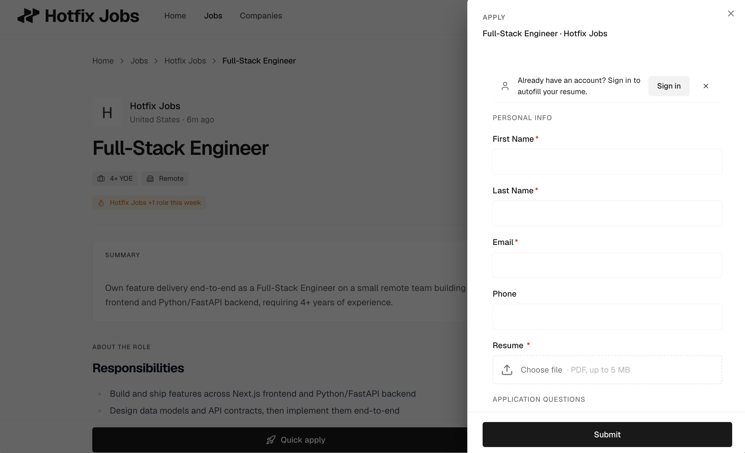 Hotfix Quick apply sheet rendering the Greenhouse application form inline on a job detail page