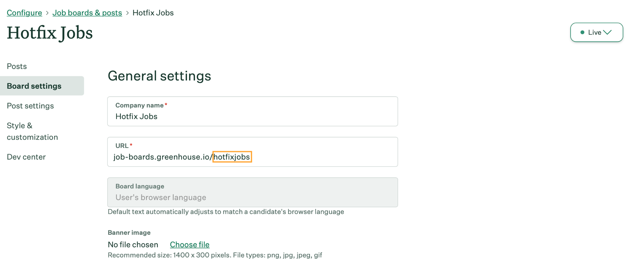 Greenhouse Edit Board Settings page with the job board token highlighted