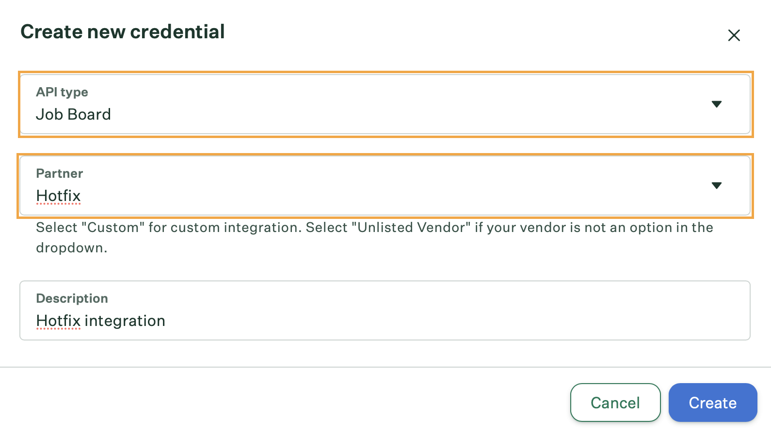 Greenhouse Create New Credential dialog with API Type set to Job Board and Partner set to Hotfix
