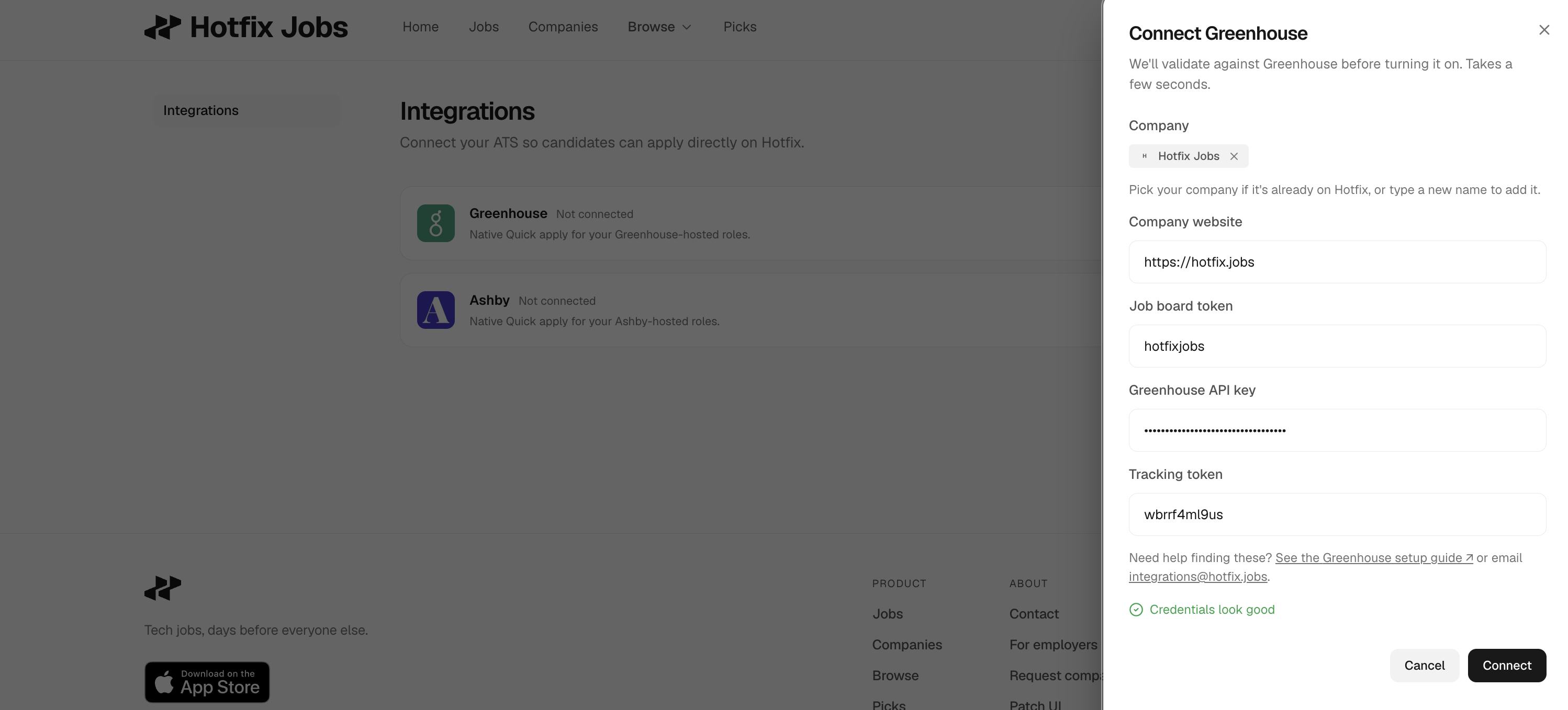 Hotfix Integrations page with the Connect Greenhouse sheet open and credentials validated